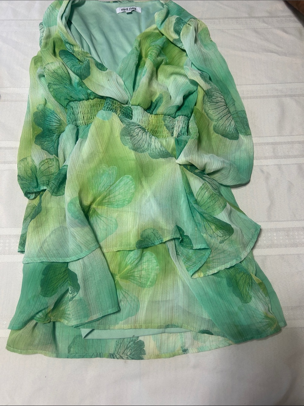 Mimi Chica Green Floral Chiffon Long Sleeve Tiered Dress